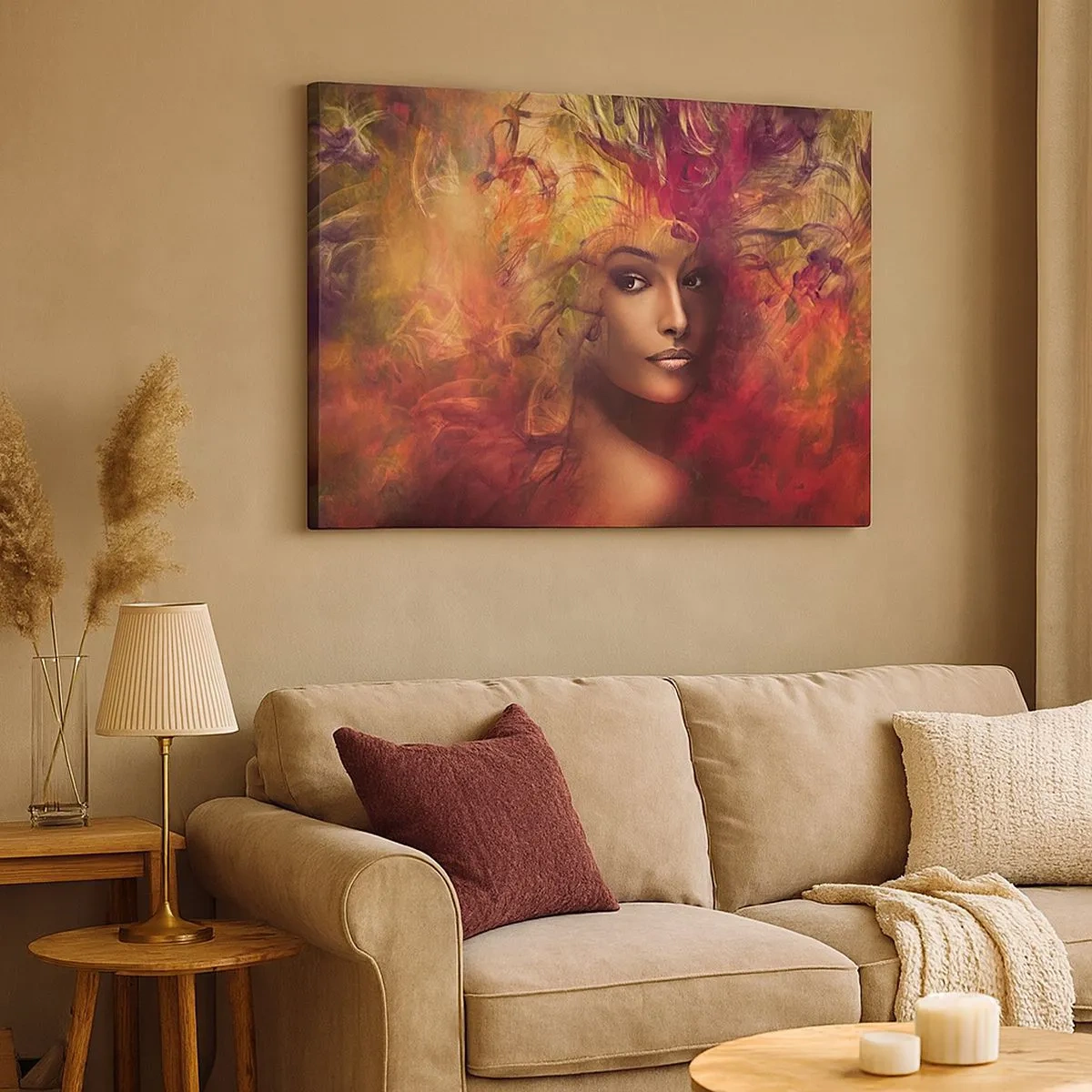 Tablou pe pânză Canvas - O femeie în culori abstracte creând un fundal dinamic - 70x50cm - Iată-mă! - Decorațiune modernă pentru perete pentru living și dormitor ARTTOR