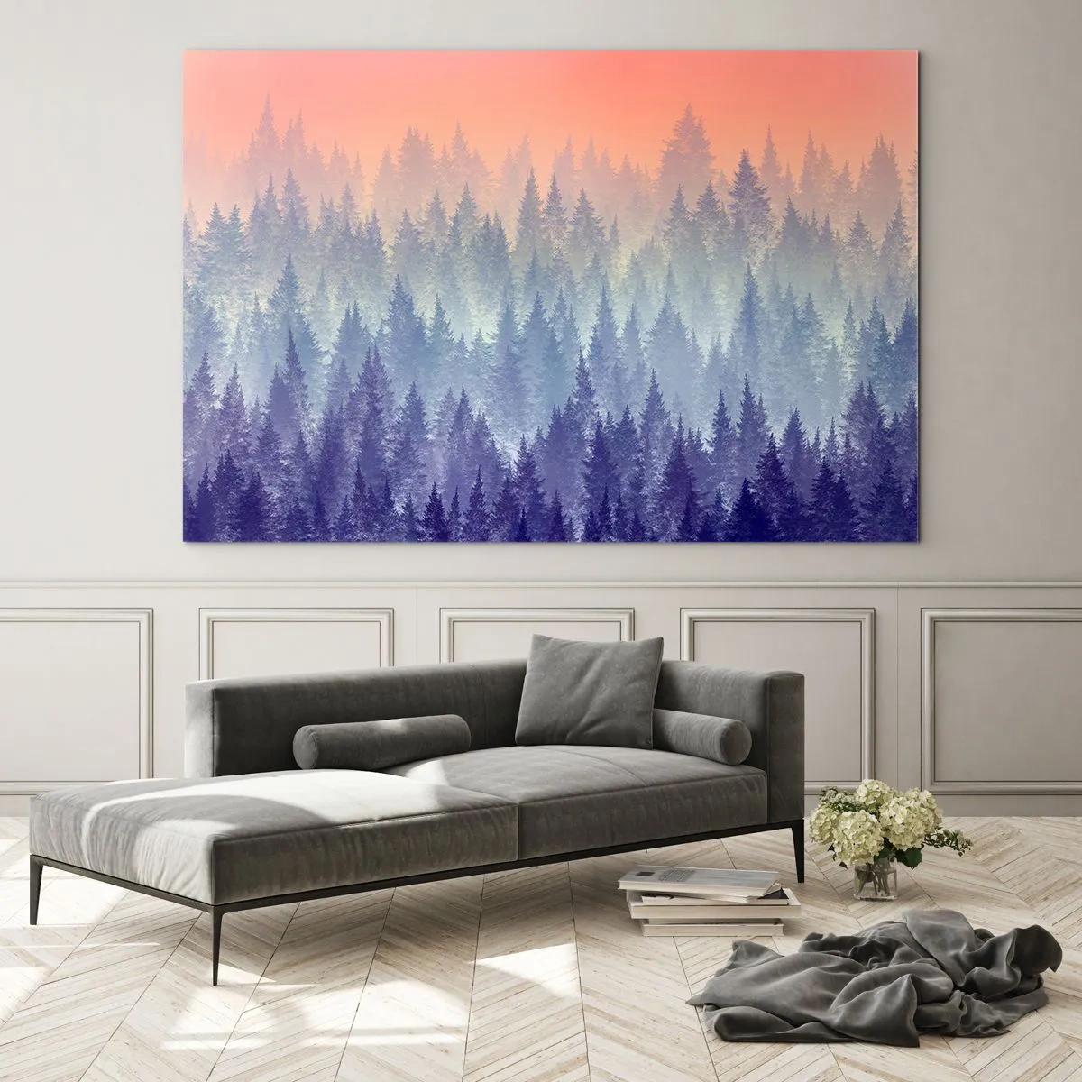 Tablou pe sticlă - Pădure misterioasă de conifere în nuanțe pastelate ale dimineții - 70x50cm - Sus, mai sus, spre cer - Decorațiune modernă pentru perete pentru living și dormitor ARTTOR