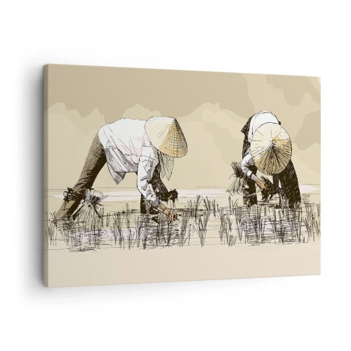 Tablou pe pânză Canvas - Fermieri care lucrează într-un câmp de orez purtând o coafură tradițională - 70x50cm - O recoltă reușită - Decorațiune modernă pentru perete pentru living și dormitor ARTTOR