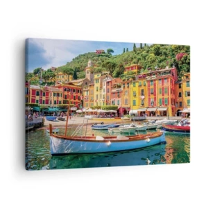 Tablou pe pânză Canvas - Case și bărci colorate într-un oraș de coastă italian - 70x50cm - O dimineață italiană - Decorațiune modernă pentru perete pentru living și dormitor ARTTOR