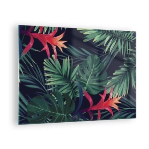 Tablou pe sticlă - Frunze și flori exotice pe un fundal întunecat - 70x50cm - Flacăra verde - Decorațiune modernă pentru perete pentru living și dormitor ARTTOR