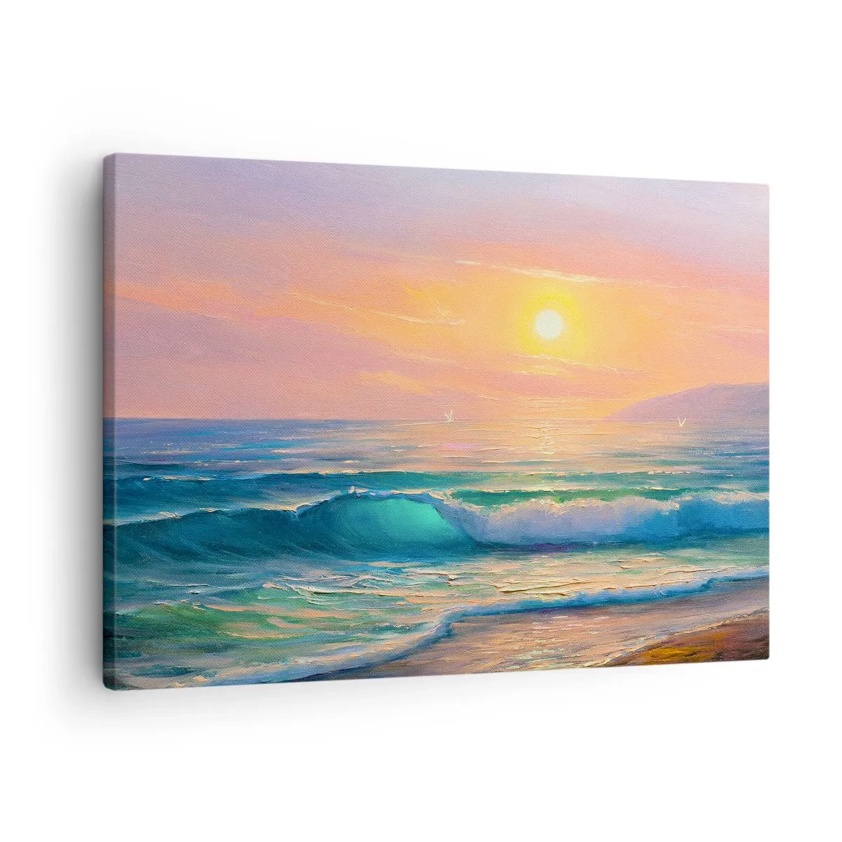 Tablou pe pânză Canvas - Peisaj marin cu apus de soare - 70x50cm - Cântecul turcoaz al valurilor - Decorațiune modernă pentru perete pentru living și dormitor ARTTOR
