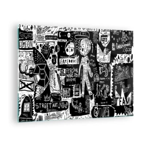 Tablou pe sticlă - Grafică în stil street art alb-negru cu personaje și simboluri - 70x50cm - Tinerețea duhovnicească a legii și a bucuriei - Decorațiune modernă pentru perete pentru living și dormitor ARTTOR