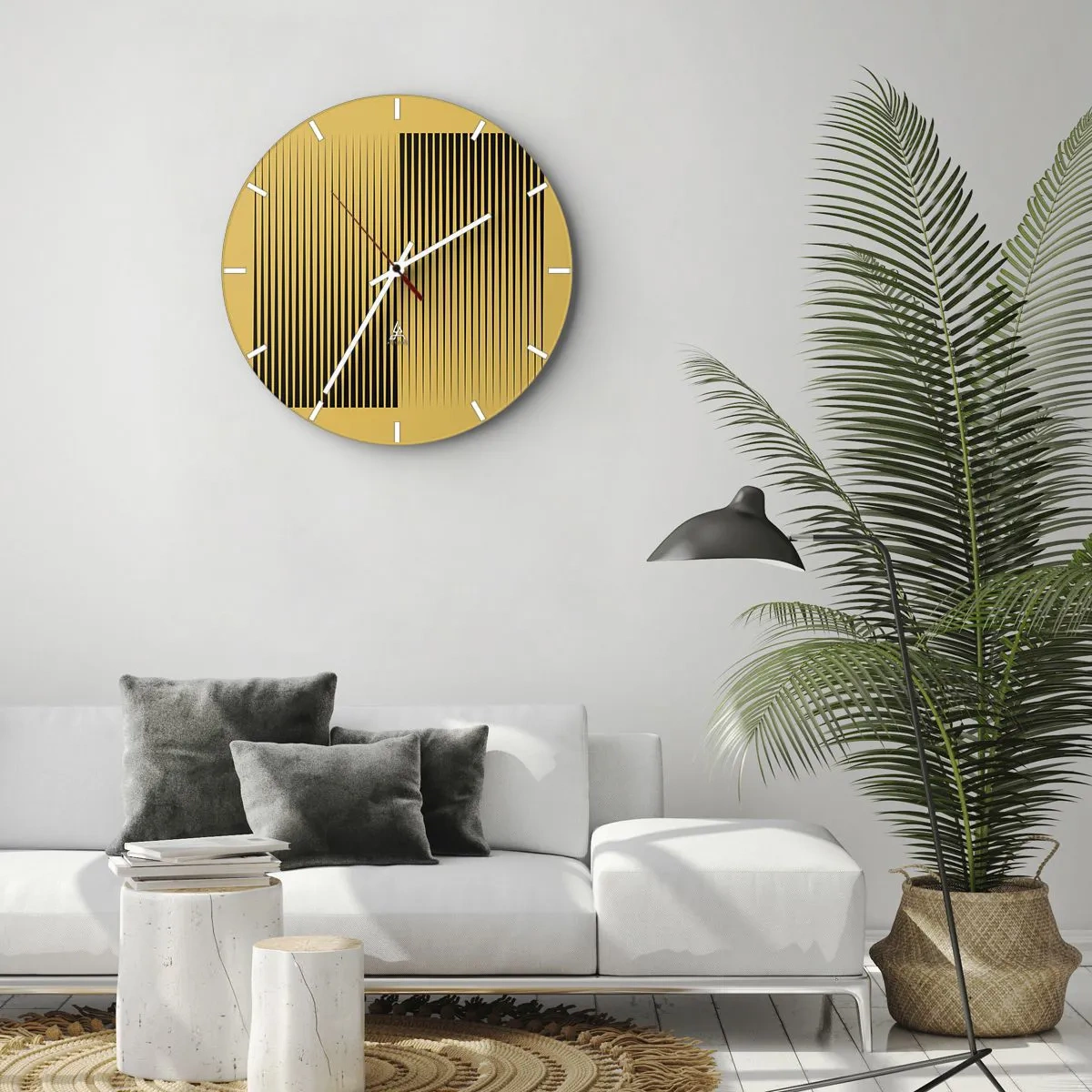 Ceas de perete - Ceas pe sticlă - Fundal galben cu linii verticale negre care creează un efect geometric - 30x30cm - Pătratul contrariilor - Decorațiune modernă pentru perete pentru living, bucătărie și dormitor ARTTOR