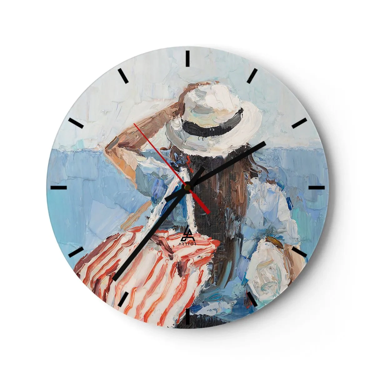 Ceas de perete - Ceas pe sticlă - Un tablou de vară cu o femeie cu pălărie pe fundalul mării - 30x30cm - Bine ați venit în concediu - Decorațiune modernă pentru perete pentru living, bucătărie și dormitor ARTTOR