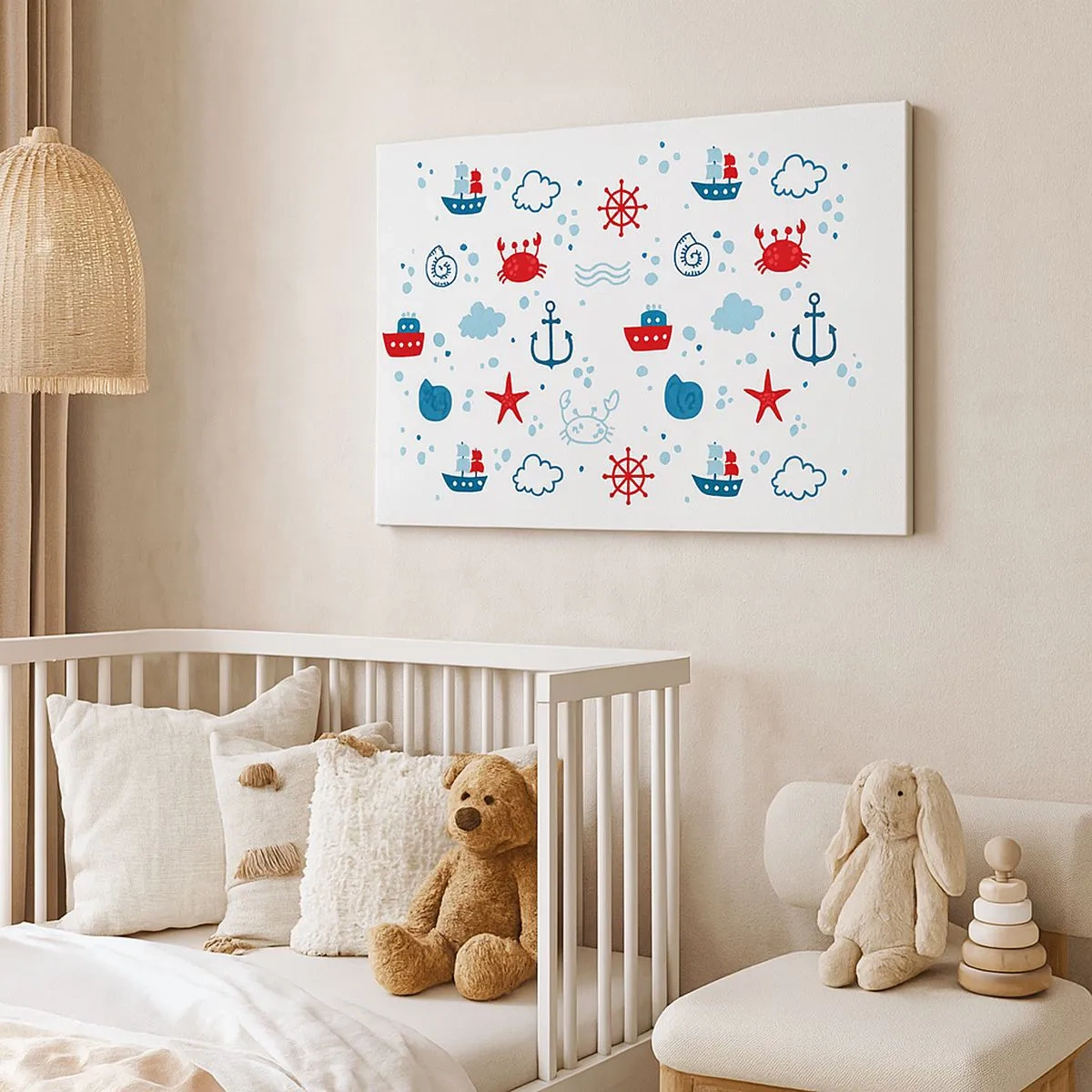 Tablou pe pânză Canvas - Model nautic cu ancore, nave și crabi - 70x50cm - O poveste maritimă - Decorațiune modernă pentru perete pentru living și dormitor ARTTOR