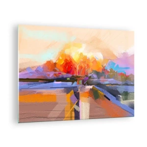 Tablou pe sticlă - Peisaj abstract cu apus de soare și câmpuri colorate - 70x50cm - A devenit toamnă - Decorațiune modernă pentru perete pentru living și dormitor ARTTOR