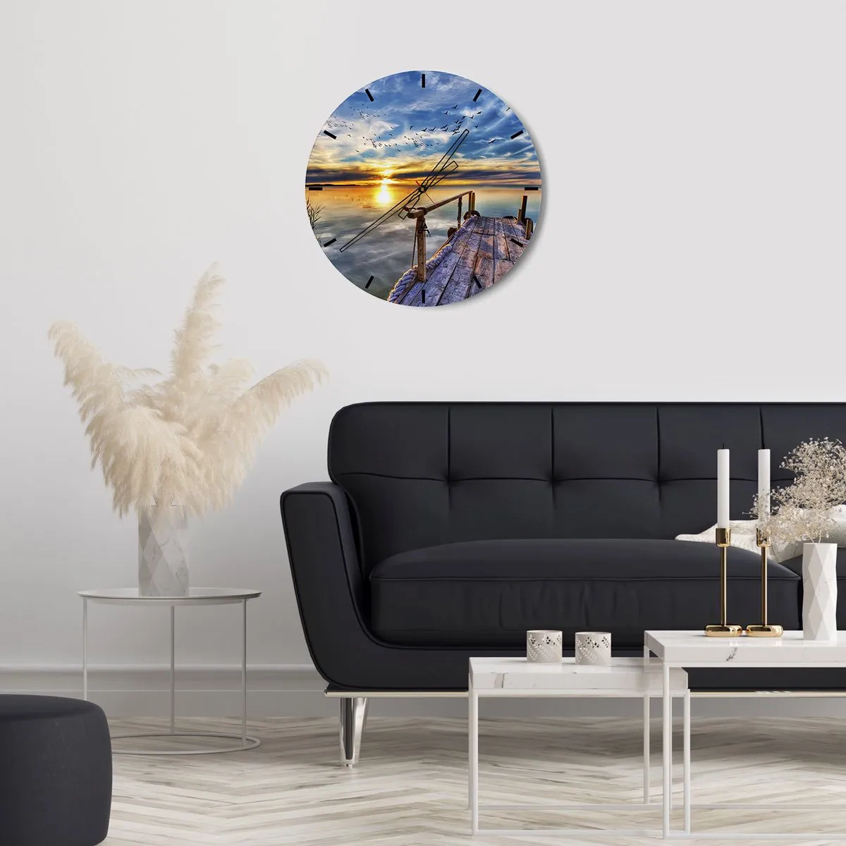 Ceas de perete - Ceas pe sticlă - ponton de lemn peste lac la apus - 30x30cm - Vântul se odihnește - Decorațiune modernă pentru perete pentru living, bucătărie și dormitor ARTTOR