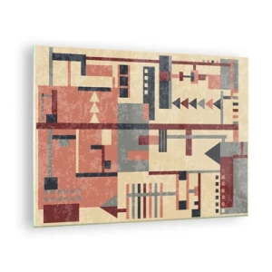 Tablou pe sticlă - Model geometric abstract în nuanțe de bej și roșu - 70x50cm - Combinație de verticale și orizontale - Decorațiune modernă pentru perete pentru living și dormitor ARTTOR