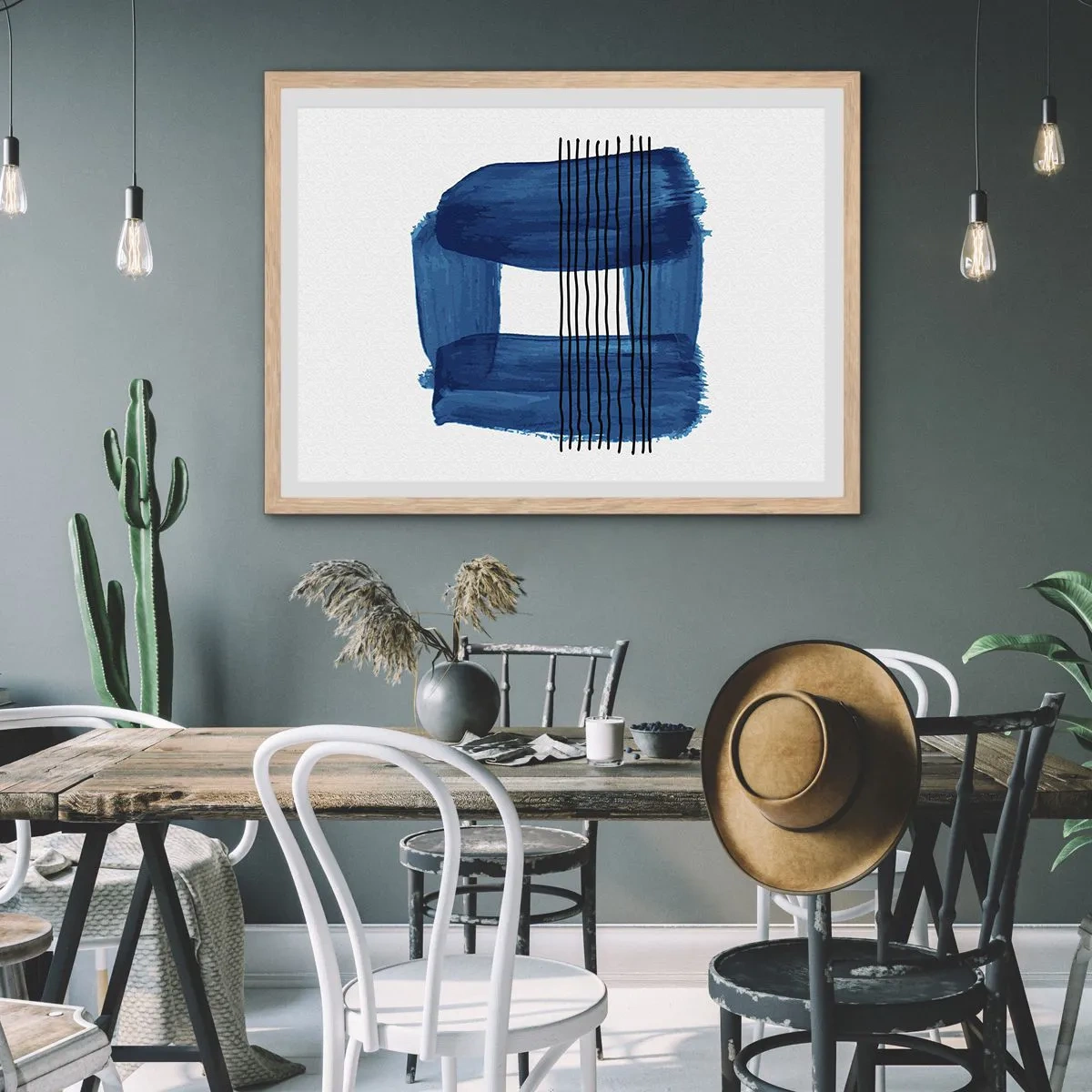 Poster în ramă de stejar deschis - Compoziție albastru-negru - 70x50 cm