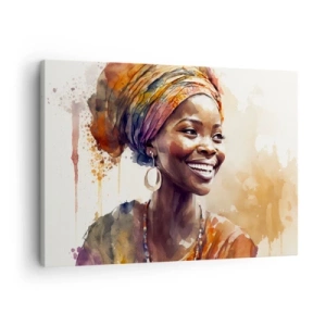 Tablou pe pânză Canvas - Portretul unei femei zâmbitoare într-o eșarfă colorată în acuarelă - 70x50cm - Regina africană - Decorațiune modernă pentru perete pentru living și dormitor ARTTOR