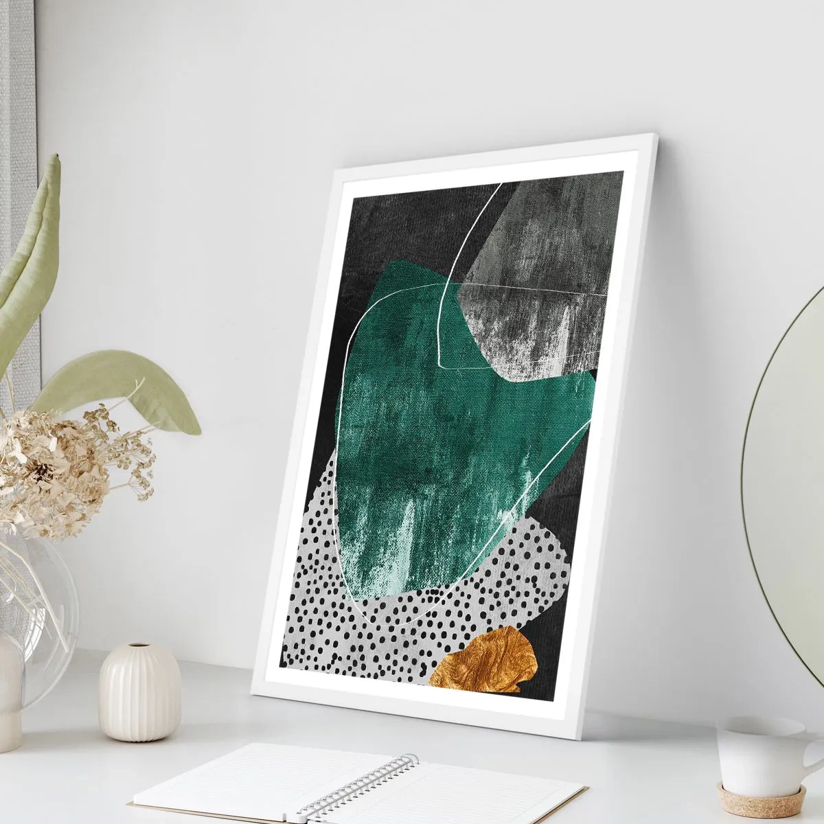 Poster în ramă albă - Abstracție colorată cu fulgi de aur - 61x91 cm