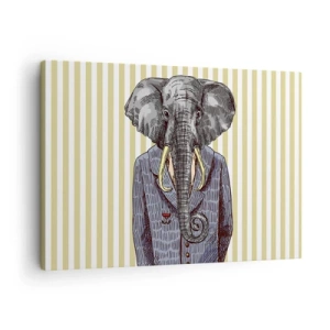 Tablou pe pânză Canvas - Un elefant în costum pe un fundal de dungi bej - 70x50cm - Elegant prin natură - Decorațiune modernă pentru perete pentru living și dormitor ARTTOR