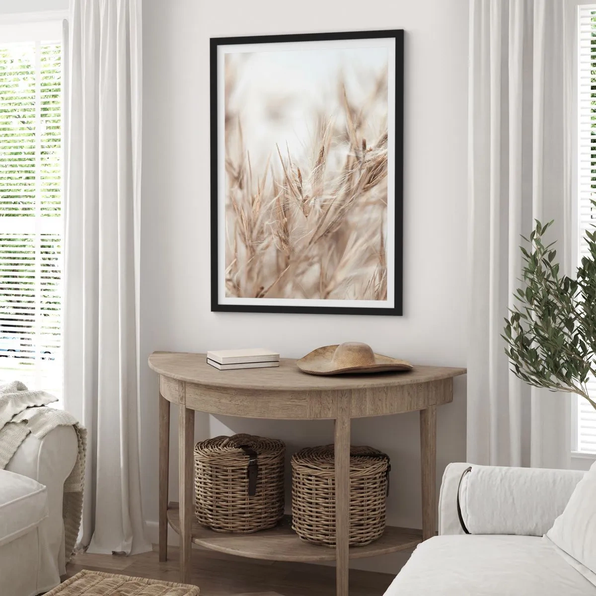 Poster în ramă neagră - Țepi delicați de iarbă bej - 50x70cm - Pajiște și vânt - Decorațiune modernă pentru perete pentru living și dormitor ARTTOR
