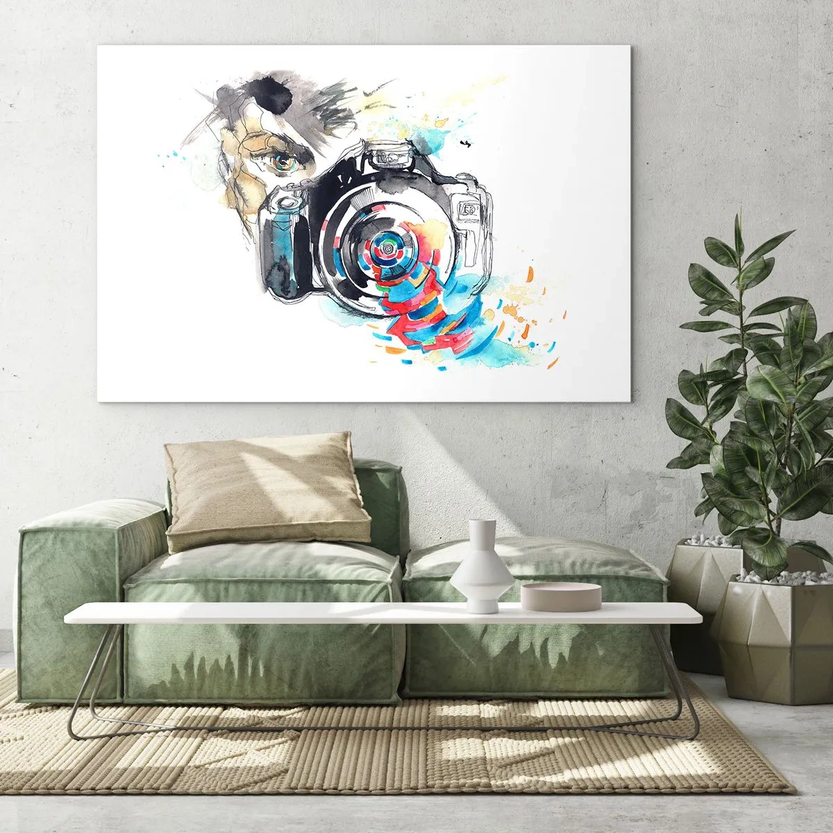 Tablou pe sticlă - Aparat foto cu elemente abstracte colorate - 70x50cm - În ochiul obiectivului - Decorațiune modernă pentru perete pentru living și dormitor ARTTOR