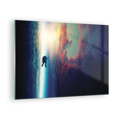 Tablou pe sticlă - Un astronaut plutind prin spațiu spre lumină - 70x50cm - Provocând universul - Decorațiune modernă pentru perete pentru living și dormitor ARTTOR