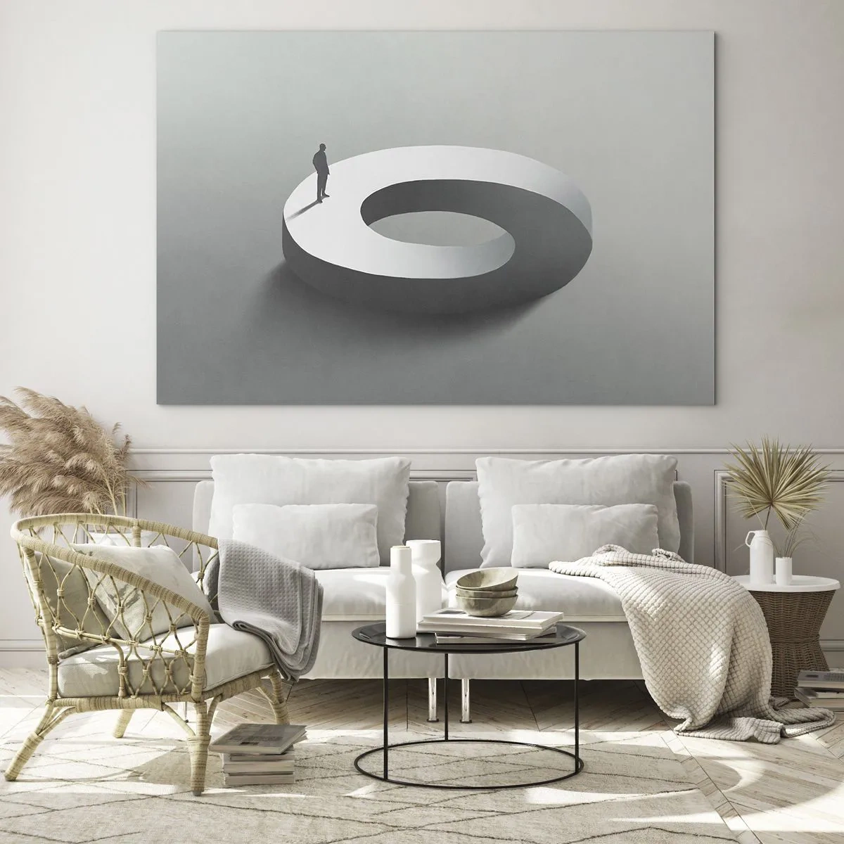Tablou pe sticlă - O siluetă minimalistă a unui bărbat pe un inel alb - 70x50cm - Înțelegi ceva? - Decorațiune modernă pentru perete pentru living și dormitor ARTTOR