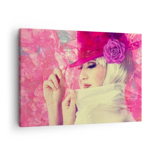 Tablou pe pânză Canvas - Femeie elegantă într-o pălărie roz cu o floare - 70x50cm - Portret retro în roz - Decorațiune modernă pentru perete pentru living și dormitor ARTTOR