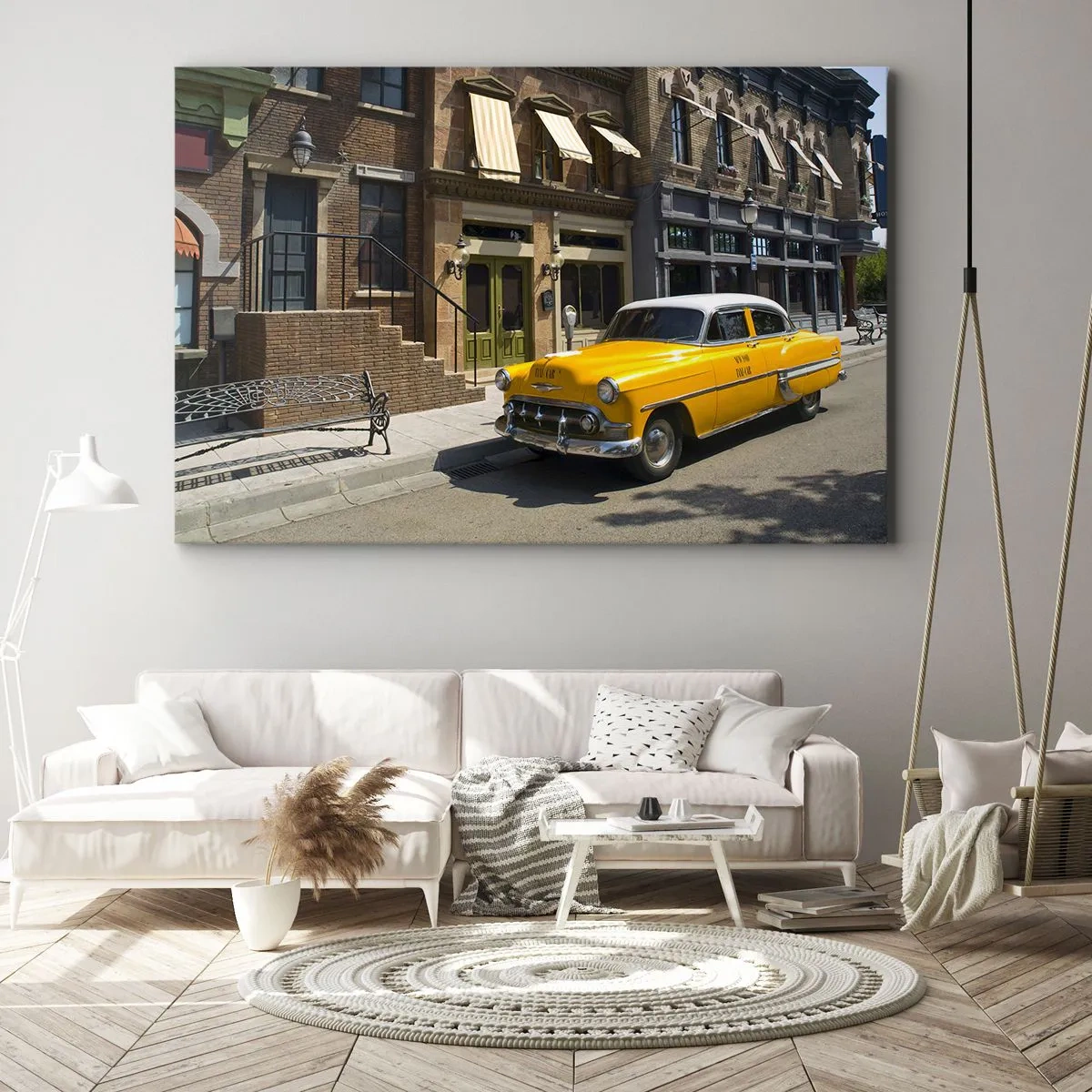 Tablou pe pânză Canvas - Un taxi galben pe o stradă mărginită de case de locuit - 70x50cm - A fost odată ca niciodată în America - Decorațiune modernă pentru perete pentru living și dormitor ARTTOR