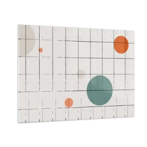 Tablou pe sticlă - Cercuri colorate pe o grilă geometrică de linii subțiri - 70x50cm - În capcană. Noi sau ele? - Decorațiune modernă pentru perete pentru living și dormitor ARTTOR