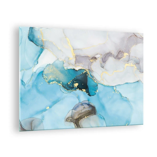 Tablou pe sticlă - Valuri turcoaz și gri cu accente aurii - 70x50cm - Un studiu al întâlnirii dintre gri și turcoaz - Decorațiune modernă pentru perete pentru living și dormitor ARTTOR