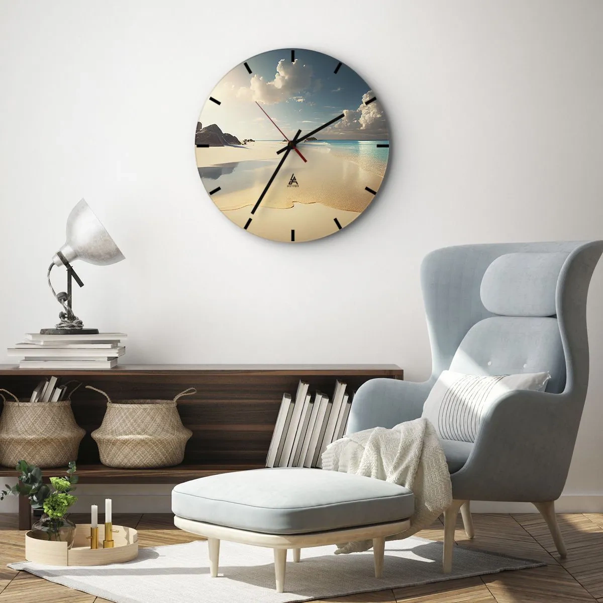 Ceas de perete - Ceas pe sticlă - Plajă tropicală cu nisip alb și apă turcoaz - 30x30cm - O zi de vis - Decorațiune modernă pentru perete pentru living, bucătărie și dormitor ARTTOR