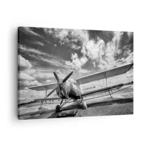 Tablou pe pânză Canvas - Un avion vechi la aeroport, în alb și negru - 70x50cm - Abia aștept! - Decorațiune modernă pentru perete pentru living și dormitor ARTTOR
