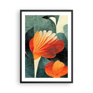 Poster în ramă neagră - Flori abstracte în nuanțe de portocaliu și verde - 50x70cm - Căldura de la tropice și răcoarea verdeței - Decorațiune modernă pentru perete pentru living și dormitor ARTTOR