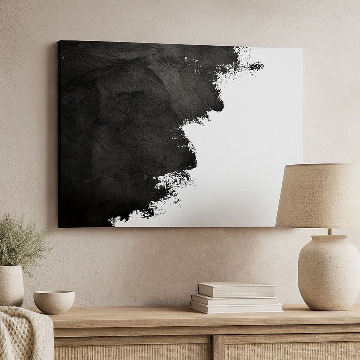 Tablou pe pânză Canvas - Abstracție alb-negru cu tușe contrastante - 70x50cm - Elemente: pământ - Decorațiune modernă pentru perete pentru living și dormitor ARTTOR