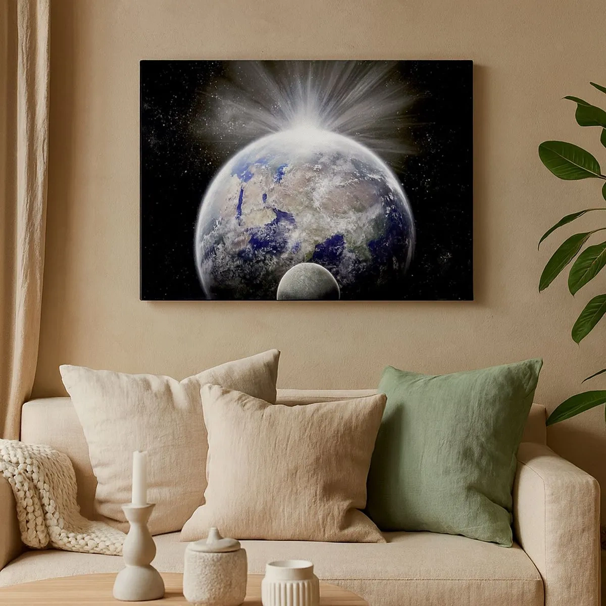 Tablou pe pânză Canvas - Pământul și Luna iluminate de strălucirea spațiului - 70x50cm - În plină strălucire - Decorațiune modernă pentru perete pentru living și dormitor ARTTOR