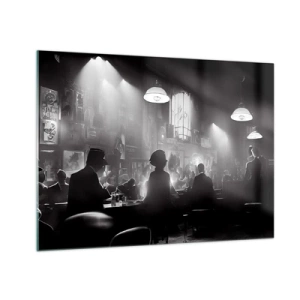 Tablou pe sticlă - Scenă de jazz alb-negru în interiorul unui club - 70x50cm - În stil jazz - Decorațiune modernă pentru perete pentru living și dormitor ARTTOR