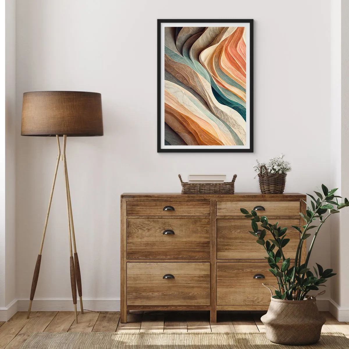 Poster în ramă neagră - Valuri organice în nuanțe calde și naturale - 50x70cm - Momentul dinaintea schimbării - Decorațiune modernă pentru perete pentru living și dormitor ARTTOR