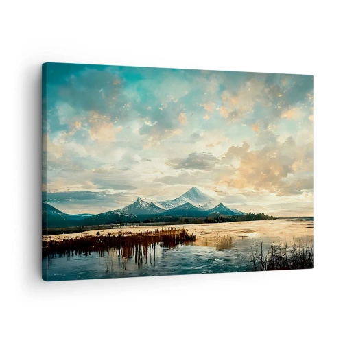 Tablou pe pânză Canvas - Un peisaj pitoresc cu un munte și un lac liniștit - 70x50cm - Sub protecția cerului - Decorațiune modernă pentru perete pentru living și dormitor ARTTOR