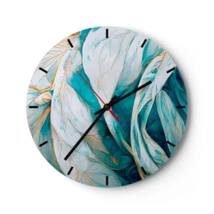 Ceas de perete - Ceas pe sticlă - Linii aurii pe un fundal albastru și alb, cu o textură moale. - 30x30cm - Abstractul albastru cu motiv auriu - Decorațiune modernă pentru perete pentru living, bucătărie și dormitor ARTTOR