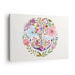 Tablou pe pânză Canvas - O ancoră înconjurată de flori în acuarelă pe un fundal deschis - 70x50cm - Somnul bun al marinarului - Decorațiune modernă pentru perete pentru living și dormitor ARTTOR