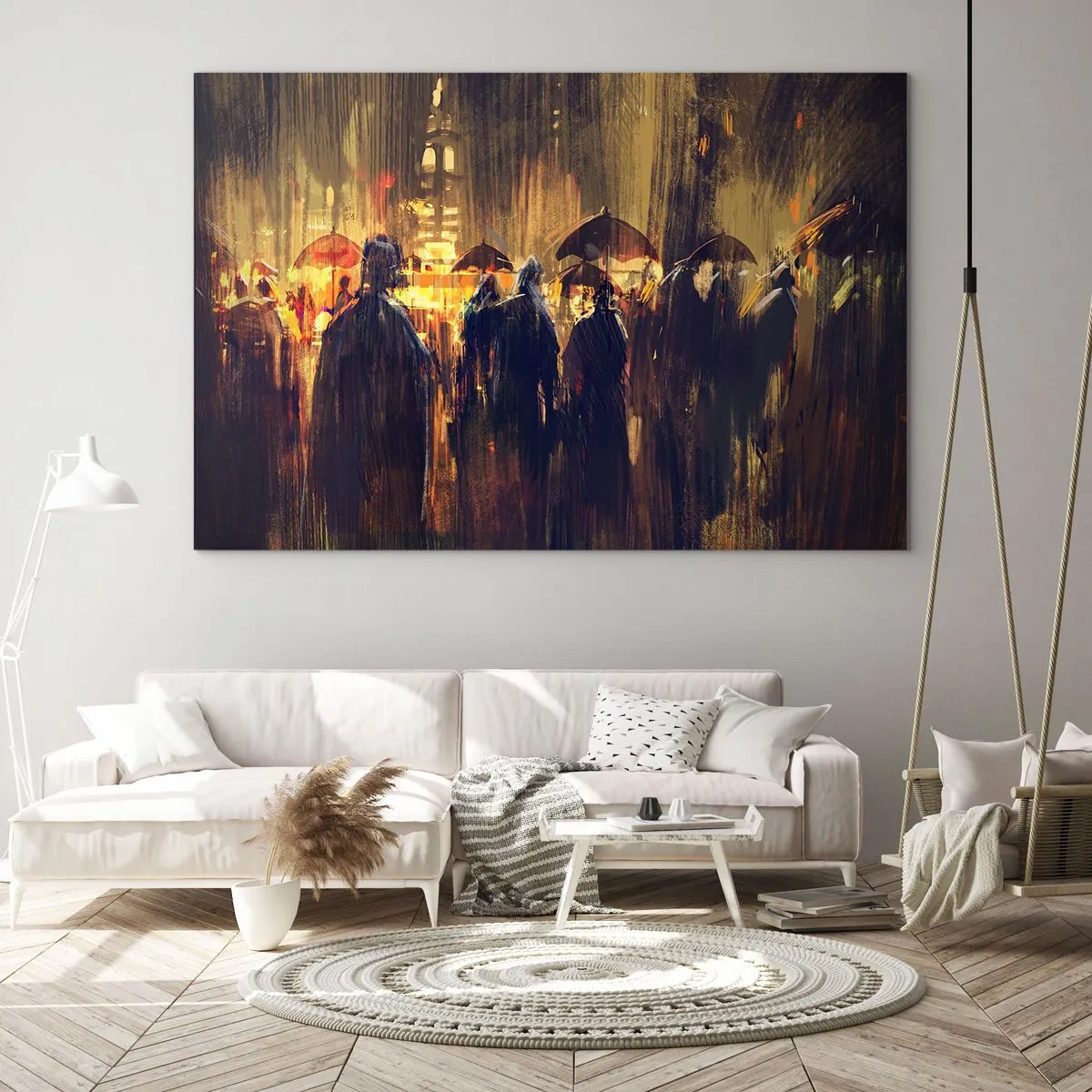 Tablou pe sticlă - O mulțime cu umbrele în ploaie pe fundalul luminilor orașului - 70x50cm - Urmașii ploii - Decorațiune modernă pentru perete pentru living și dormitor ARTTOR
