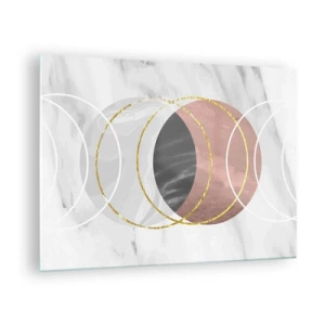 Tablou pe sticlă - Cercuri geometrice în nuanțe de cupru, auriu și marmură - 70x50cm - Muzica sferelor - Decorațiune modernă pentru perete pentru living și dormitor ARTTOR