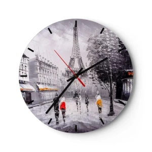 Ceas de perete - Ceas pe sticlă - O stradă din Paris cu Turnul Eiffel în fundal - 30x30cm - O plimbare pariziană - Decorațiune modernă pentru perete pentru living, bucătărie și dormitor ARTTOR
