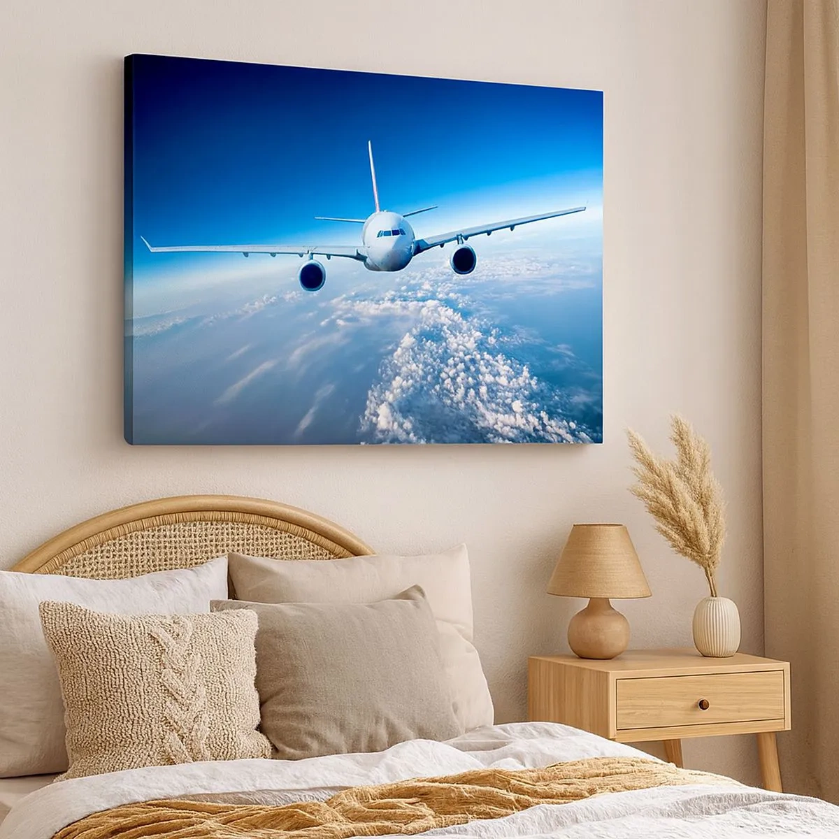 Tablou pe pânză Canvas - Un avion zburând deasupra norilor pe un cer albastru - 70x50cm - Zbor pentru că vreau - Decorațiune modernă pentru perete pentru living și dormitor ARTTOR
