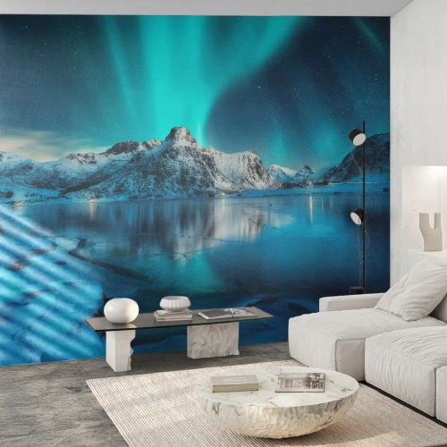 Tapet Premium Sand - Noaptea de lumină - Auroră boreală, Norvegia, Peisaj - 100x70 cm