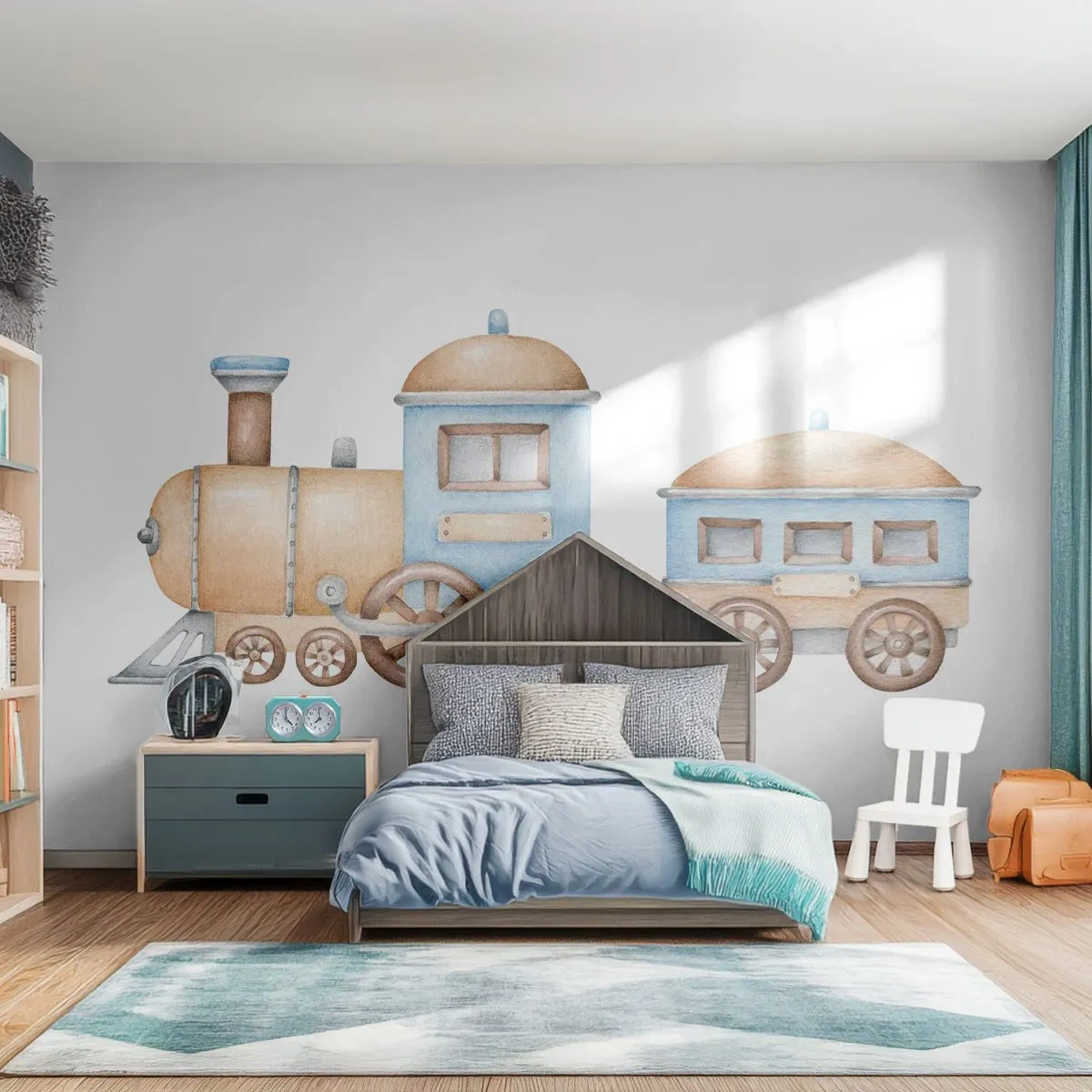 Tapet Standard Eco - Tren în acuarelă în culori pastelate pe fundal alb - 100x70cm - Trenulețul din copilărie - Decorațiune modernă pentru perete pentru living și dormitor ARTTOR