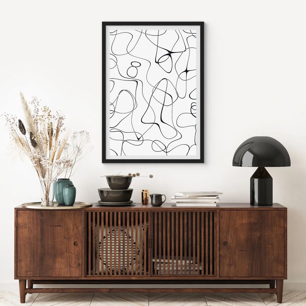 Poster în ramă neagră - Linii negre abstracte pe fundal alb - 50x70cm - Căile vieții, căile destinului - Decorațiune modernă pentru perete pentru living și dormitor ARTTOR