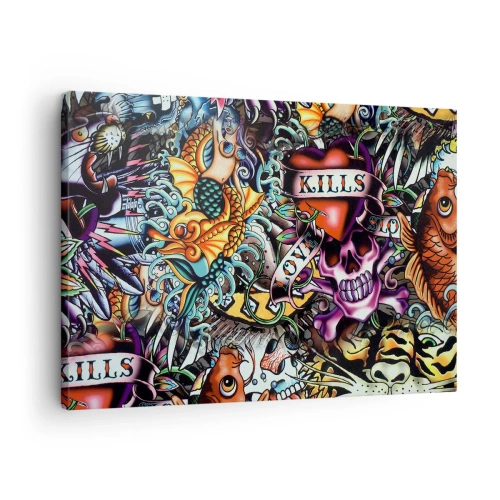 Tablou pe pânză Canvas - Artă colorată în stil tatuaj cu cranii și motive nautice - 70x50cm - Visul unui artist tatuator - Decorațiune modernă pentru perete pentru living și dormitor ARTTOR