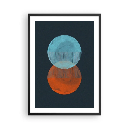 Poster în ramă neagră - Cercuri abstracte în nuanțe de albastru și portocaliu - 50x70cm - Fantezie astronomică - Decorațiune modernă pentru perete pentru living și dormitor ARTTOR
