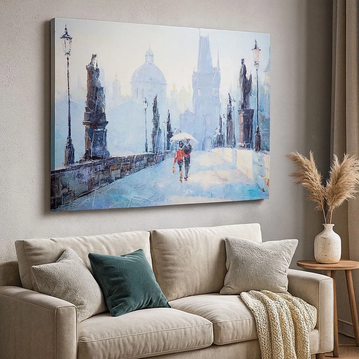 Tablou pe pânză Canvas - Cuplu romantic pe un pod în ploaie, o scenă picturală - 70x50cm - Probabil că am fost vrăjiți de ploaie - Decorațiune modernă pentru perete pentru living și dormitor ARTTOR