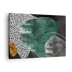 Tablou pe pânză Canvas - Compoziție abstractă cu forme verzi și modele de puncte - 70x50cm - Abstracție colorată cu fulgi de aur - Decorațiune modernă pentru perete pentru living și dormitor ARTTOR
