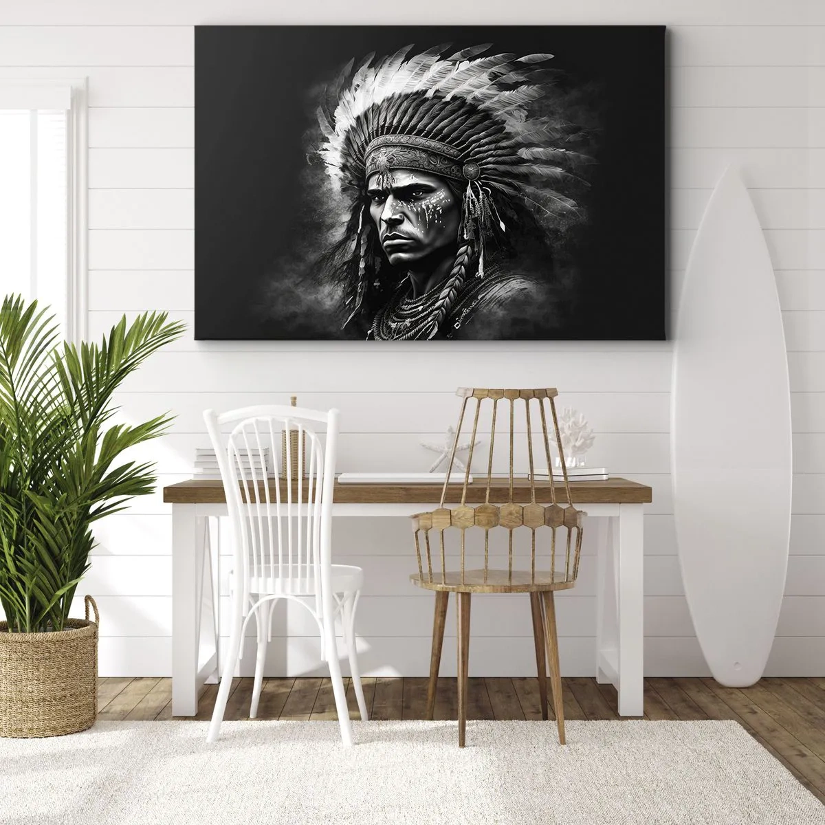 Tablou pe pânză Canvas - Portretul unui șef într-o coafură cu pene pe un fundal negru - 70x50cm - Conducător și luptător - Decorațiune modernă pentru perete pentru living și dormitor ARTTOR