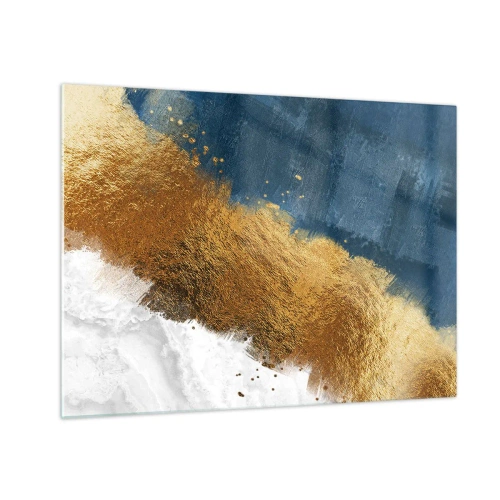 Tablou pe sticlă - Tușe de vopsea aurie pe un fundal albastru marin și alb - 70x50cm - Culorile verii - Decorațiune modernă pentru perete pentru living și dormitor ARTTOR