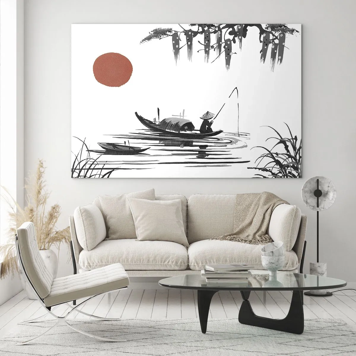 Tablou pe sticlă - Barcă de pescuit tradițională pe un râu cu un soare roșu - 70x50cm - O după-amiază asiatică - Decorațiune modernă pentru perete pentru living și dormitor ARTTOR