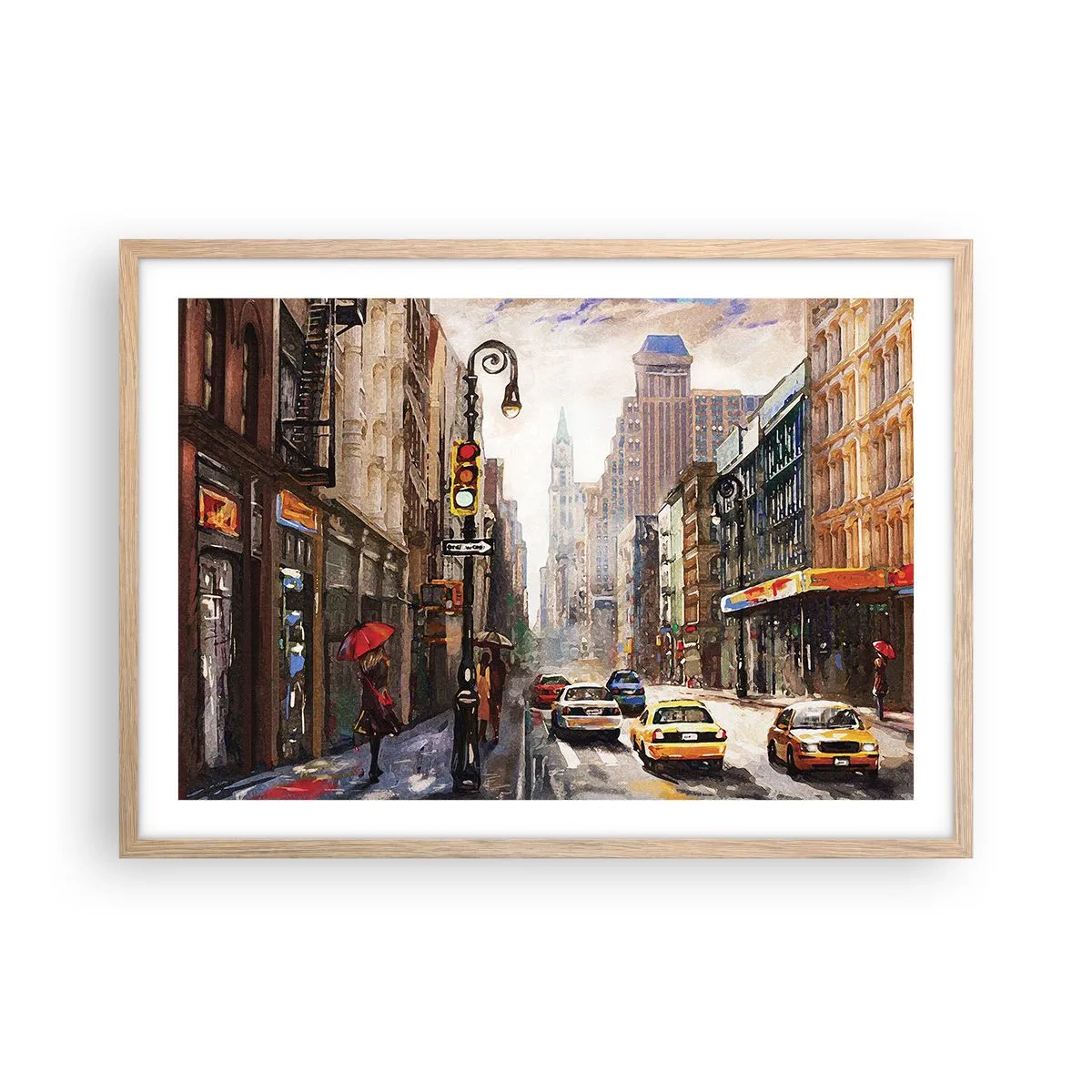 Poster în ramă de stejar deschis - New York - plin de culoare și în ploaie - 70x50 cm